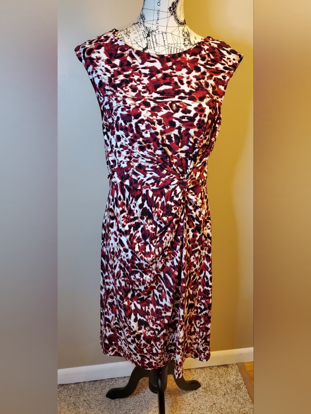 212 Collection Womens M Dress Red Black White Animal Print Ruched Waist Knee